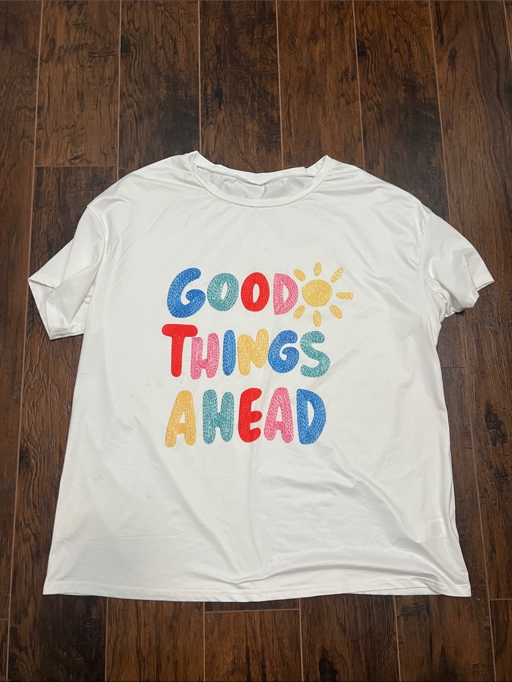 SHEIN White Curve 2XL Tee with Multicolor "Good Things Ahead" Graphic